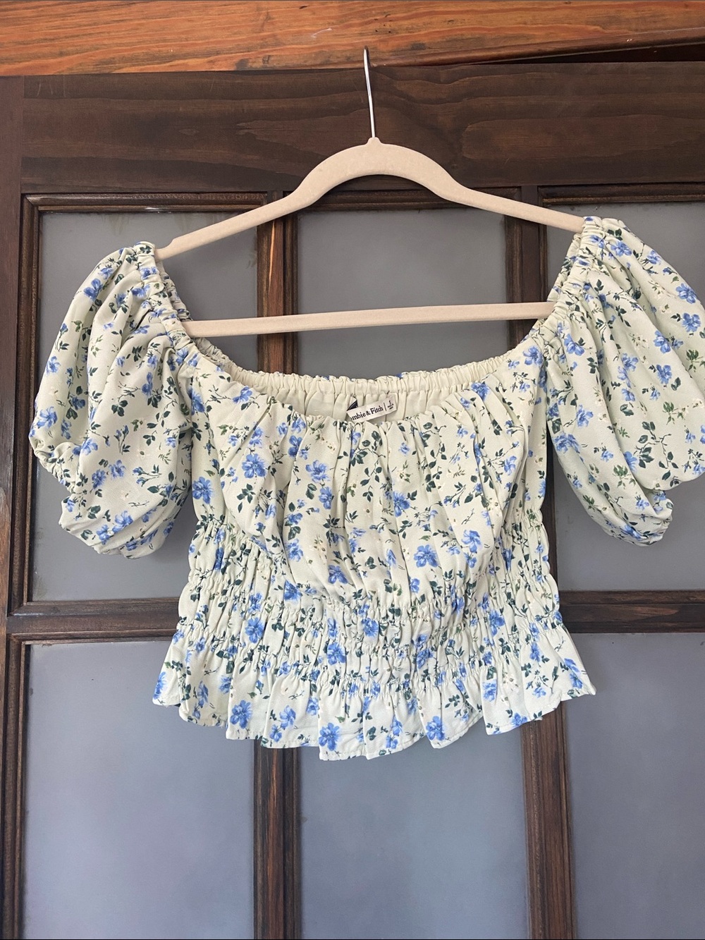 Abercrombie & Fitch Sage Floral Off-Shoulder Smocked Crop Top with Blue Flowers
